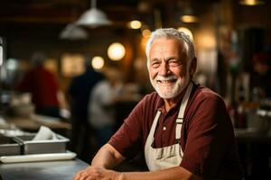 Retired American man volunteering at a soup kitchen  photo with empty space for text