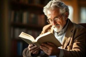 Elderly French man reading a book at a library  photo with empty space for text