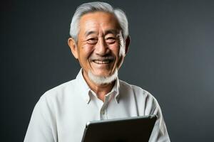 Senior Korean man using a tablet  photo with empty space for text