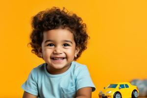 Brazilian toddler boy playing with a toy car  photo with empty space for text