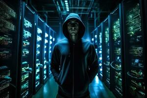 hacker in the server room  photo with empty space for text