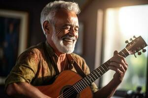 maduro brasileño hombre jugando guitarra en un música habitación foto con vacío espacio para texto