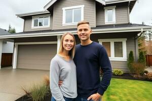 Pareja en pie en frente de nuevo casa foto con vacío espacio para texto