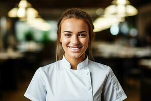 mujer en un del chef uniforme en un profesional cocina foto con vacío espacio para texto