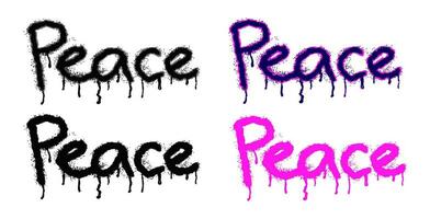 Text PEACE is written with aerosol spray paint in black and pink variations. Paint drips in droplets, splashes, and paint stains. Street art. Vector isolated on a white background.