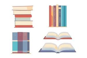 Set of colorful books in flat style. Stack of books, books in a row, open books. The concept of education, learning, self education, online education, homeschooling. Vector