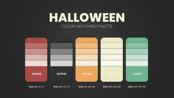 Las paletas de colores o los esquemas de colores del tema de halloween son combinaciones de tendencias y guías de paletas de este año, una tabla de tonos de colores en rgb o hexadecimal. una muestra de color para una moda de primavera, un hogar o un diseño de interiores vector