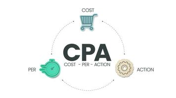Cost per action CPA diagram is a advertising payment model that allows to charge an advertiser only for a specified action taken by a prospective customer, has 3 steps such as cost, per and action. vector