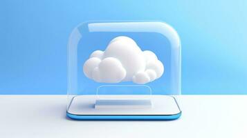 3d blanco azul nube icono mínimo estilo, nube informática en línea servicio, digital tecnología seguridad concepto, generativo ai ilustración foto