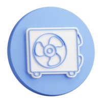 3D button rendering of Air conditioner unit with three bladed fan. Room cooling and heating. Maintaining comfortable temperature. Realistic blue white PNG illustration isolated on transparent back