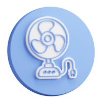 3D button rendering of electric fan for cooling room during hot summer season. Maintaining comfortable temperature in room. Realistic blue white PNG illustration isolated on transparent background