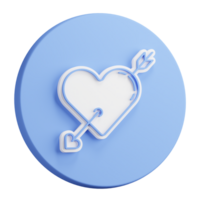 3D button rendering of Arrow pierced heart. Valentines day sivol, heart pierced by an arrow. Realistic blue white PNG illustration isolated on transparent background