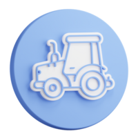 3D button rendering of Agricultural tractor. Transport and equipment for transporting agricultural products on field. Realistic blue white PNG illustration isolated on transparent background