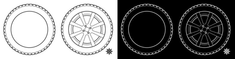 wheel with tire and winter rubber tread. Winter tires for the car. Driving on slippery road. Driving safety. Vector