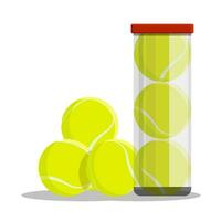 tennis balls in tube, transparent plastic container isolated on white background. Tennis tournament. Sport equipment. Vector in cartoon style