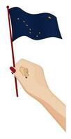 hembra mano suavemente sostiene pequeño bandera de americano estado de Alaska. fiesta diseño elemento. dibujos animados vector en blanco antecedentes