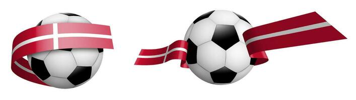 balls for soccer, classic football in ribbons with colors of Denmark flag. Design element for football competitions. Denmark national team. Isolated vector on white background