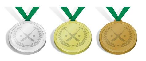 set of sport cricket medals with emblem of crossed sports cricket bats and ball with laurel wreath for cricket competition. Gold, silver and bronze award with blue ribbon. 3d vector