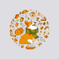 Happy Corgi Dog in a scarf enjoys Fall. A Set of Autumn Elements in circle. Vector illustration