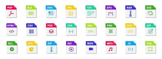 File format flat icon set. Web file labels icon set. Vector illustration.