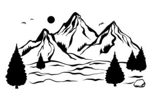 Mountain landscape with coniferous trees. Horizontal mountains background. Black and white. Mountain landscape vacation hiking concept. Vector. vector