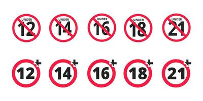 adultos contenido solamente años restricción 12, 14, dieciséis, 18, 21 más años antiguo icono señales colocar. vector