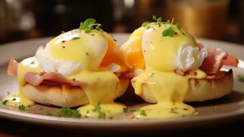 Eggs benedict with ham and shaved ham photo