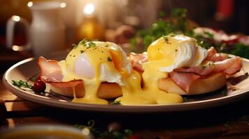 Eggs benedict with ham and shaved ham photo