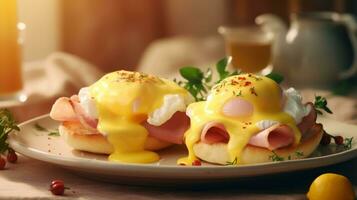 Eggs benedict with ham and shaved ham photo
