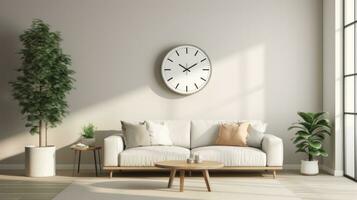 Simple living room with grey couches and wall shelves photo