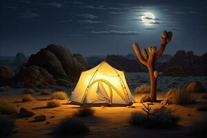 Tent with the moon shining in the night sky photo