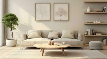Simple living room with grey couches and wall shelves photo