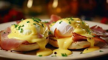 Eggs benedict with ham and shaved ham photo
