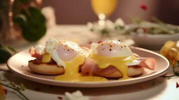 Eggs benedict with ham and shaved ham photo