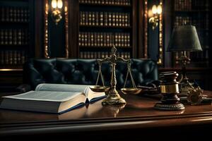 Handbook and judge's gavel on the wooden table photo