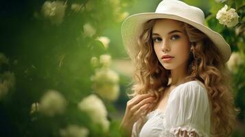 Young beauty in tropical leaves on the background photo