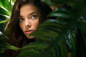 Young beauty in tropical leaves on the background photo