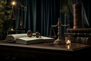 Handbook and judge's gavel on the wooden table photo