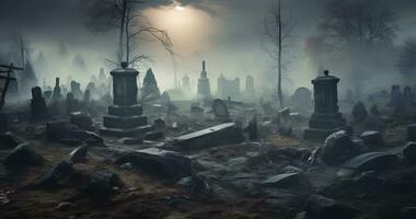 Night scene in a cemetery with gravestones photo