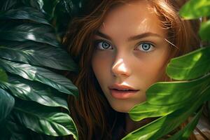 Young beauty in tropical leaves on the background photo