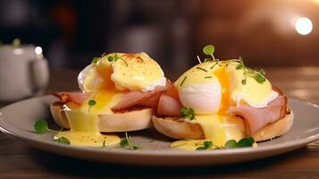Eggs benedict with ham and shaved ham photo