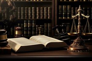 Handbook and judge's gavel on the wooden table photo