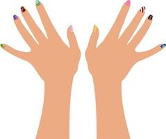 Hand drawn female hands with fancy painted nails. Hands with nail design manicure isolated on white background. Vector illustration