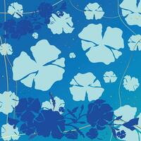 Blue botanical background with flower outline and golden lines and dots. Vector illustration