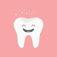 Healthy and happy tooth. Cute smiling tooth icon in cartoon childish style with shining effect. Vector illustration