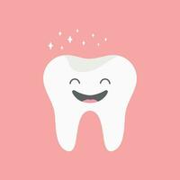 Healthy and happy tooth. Cute smiling tooth icon in cartoon childish style with shining effect. Vector illustration