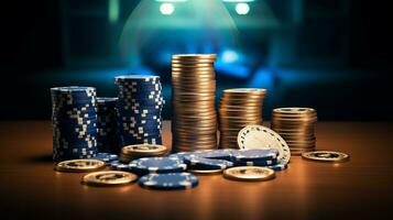 Pile of poker chips on wooden table photo