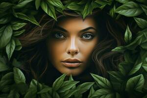 Young beauty in tropical leaves on the background photo