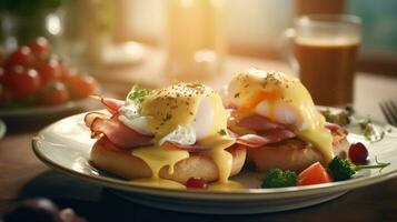Eggs benedict with ham and shaved ham photo