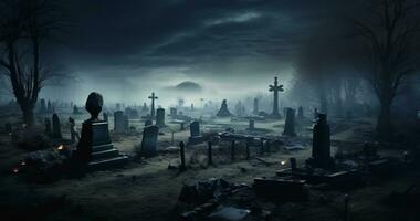 Night scene in a cemetery with gravestones photo